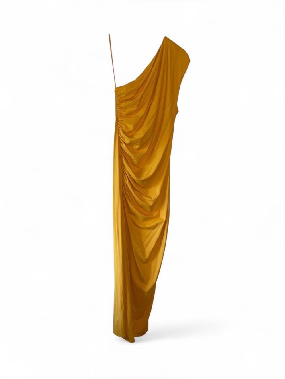 Mustard yellow Zara one shoulder dress with ruching and side slit in size small.
